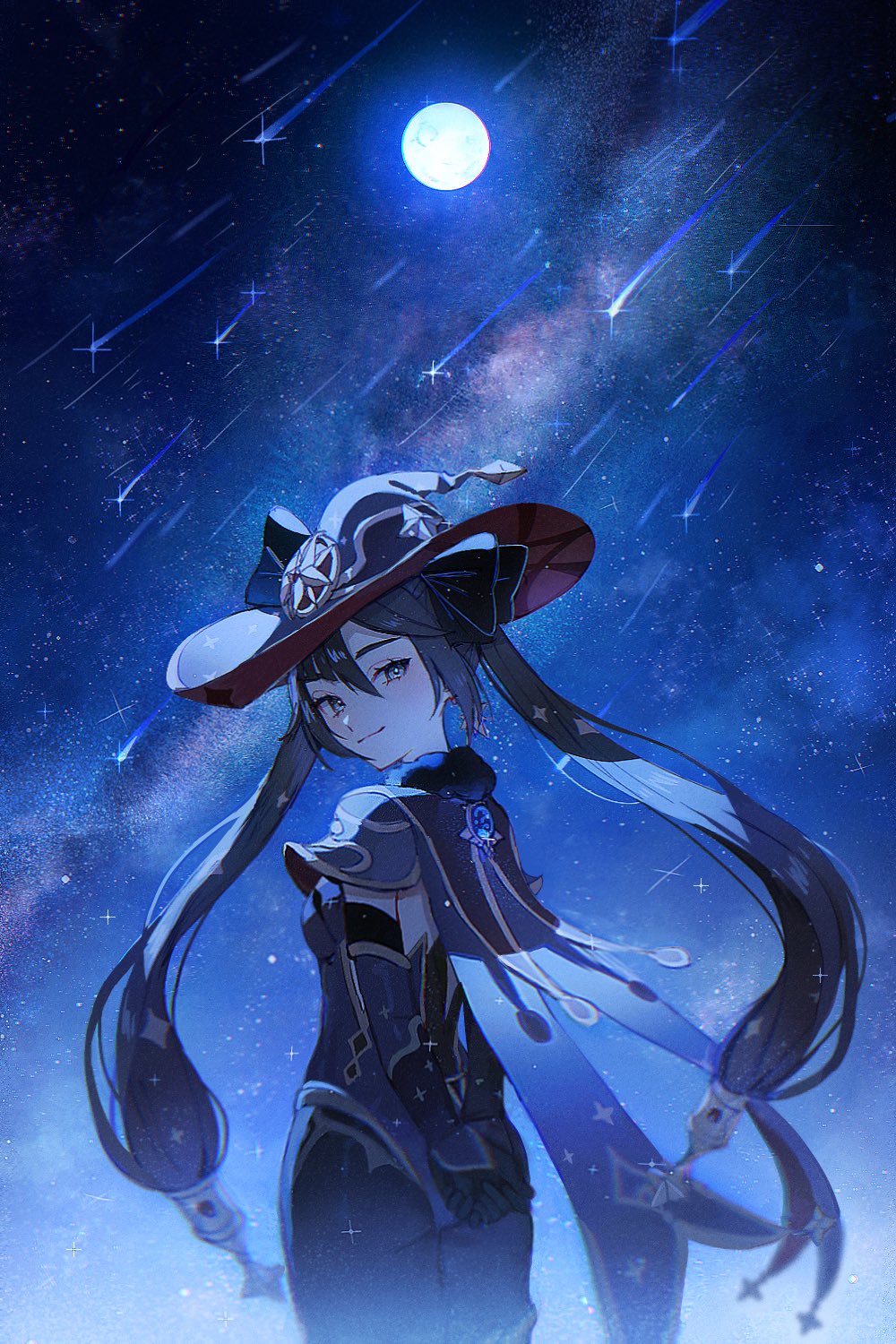 1girl arms_behind_back ass bangs black_hair capelet closed_mouth commentary earrings elbow_gloves falling_star full_moon fur_trim genshin_impact gloves gradient gradient_sky hair_ornament haragaita_i hat highres jewelry leotard long_hair looking_at_viewer looking_back mona_(genshin_impact) moon night night_sky outdoors pantyhose shiny shiny_clothes shiny_hair sky smile solo star_(sky) starry_sky thigh_strap tied_hair twintails witch_hat
