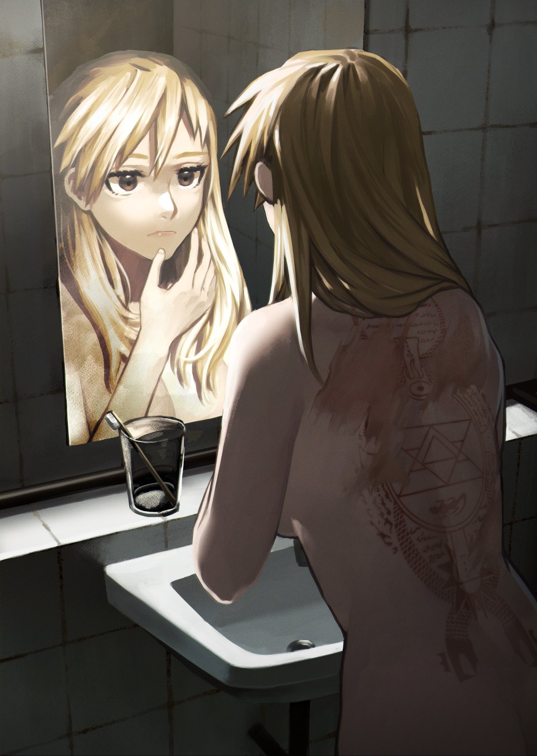 1girl back_tattoo bangs bathroom blonde_hair brown_eyes burn_scar closed_mouth cup fullmetal_alchemist hair_down hand_up highres long_hair looking_at_mirror mame_moyashi mirror nude reflection scar scar_on_back sink solo tattoo toothbrush