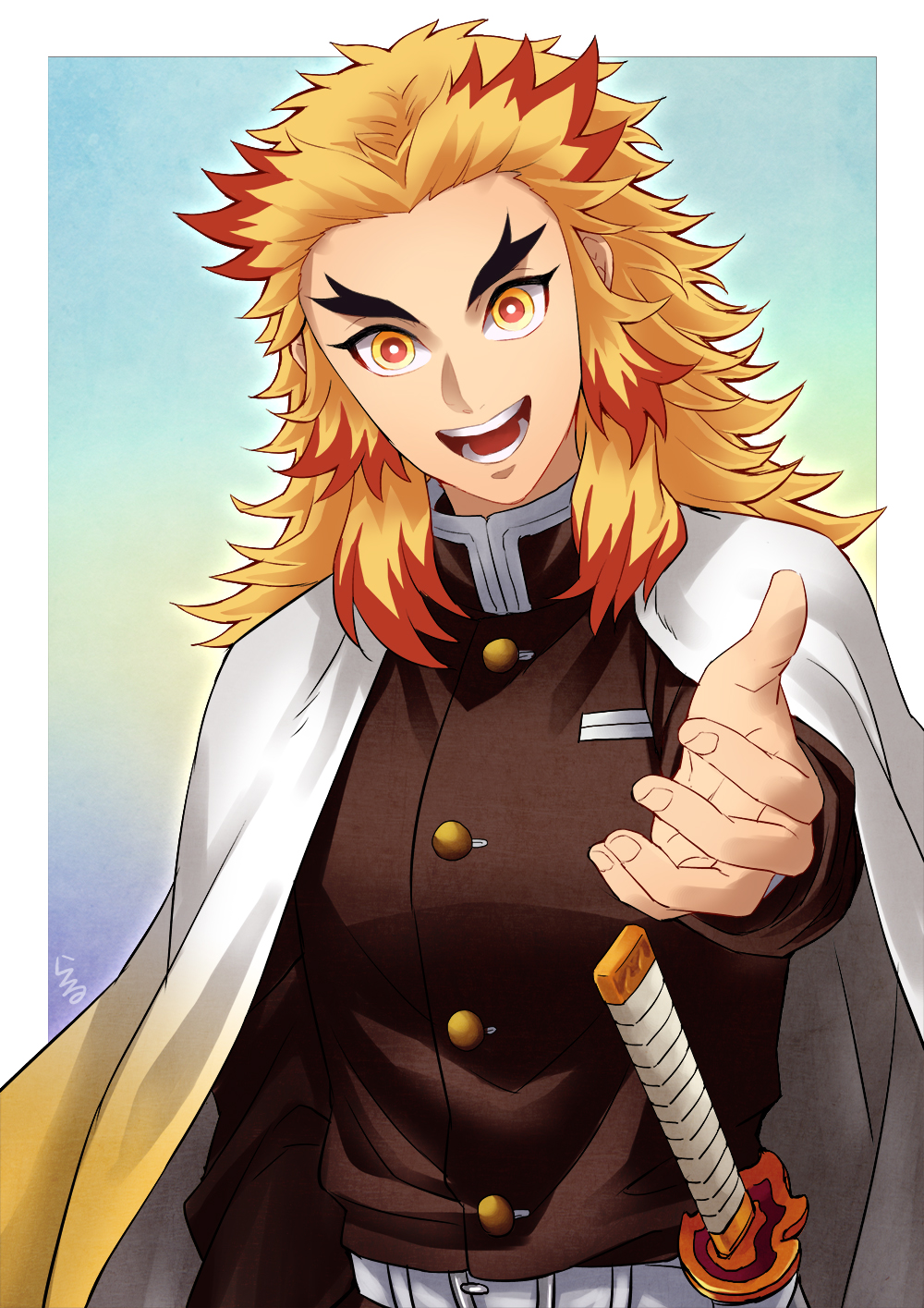 1boy :d black_jacket blonde_hair blue_background border cape gradient_cape highres jacket kimetsu_no_yaiba long_sleeves looking_at_viewer male_focus multicolored_hair open_mouth outside_border reaching_out redhead remsor076 rengoku_kyoujurou sheath sheathed smile solo sword two-tone_hair uniform weapon white_border white_cape yellow_cape yellow_eyes