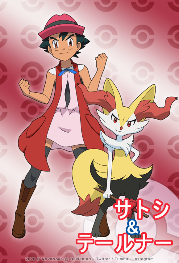 1boy ash_ketchum bangs black_hair black_legwear boots braixen brown_eyes brown_footwear character_name clenched_hands closed_mouth commentary cosplay crossdressinging dress english_commentary gen_6_pokemon hands_up hat holding holding_stick looking_at_viewer male_focus noelia_ponce pink_dress pink_headwear pokemon pokemon_(anime) pokemon_(creature) pokemon_xy_(anime) ribbon serena_(pokemon) serena_(pokemon)_(cosplay) short_hair sleeveless smile standing stick thigh-highs
