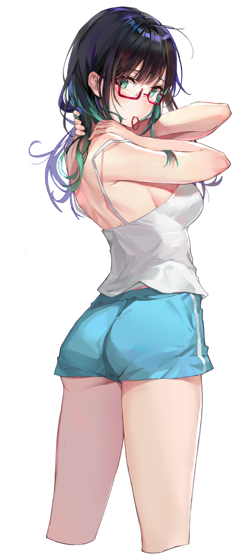 1girl ass bangs bare_arms black_hair blue_shorts blush breasts chinese_commentary commentary_request cowboy_shot cropped_legs eyebrows_visible_through_hair from_behind glasses gradient_hair green_eyes green_hair hair_tie_in_mouth hands_up highres kuza_brs long_hair looking_at_viewer looking_back medium_breasts mouth_hold multicolored_hair original purple_hair semi-rimless_eyewear shirt short_shorts shorts simple_background sleeveless sleeveless_shirt solo standing strap_slip white_background white_shirt