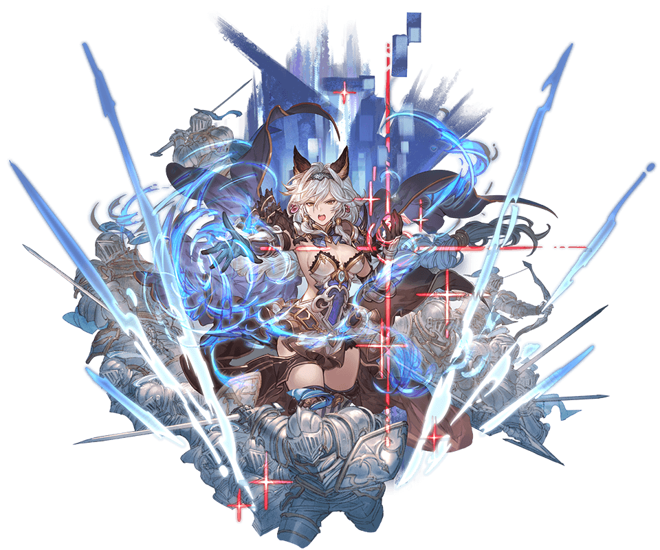 1girl animal_ears armor bangs braid breastplate breasts brown_eyes casting_spell dress earrings erune gauntlets gloves granblue_fantasy hairband heles jewelry long_hair magic minaba_hideo official_art open_mouth silver_hair single_braid thick_thighs thighs transparent_background very_long_hair