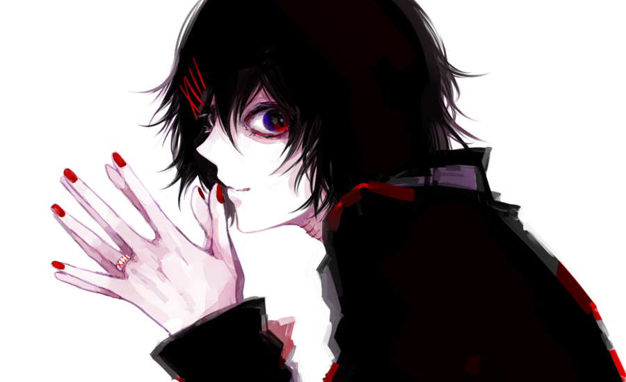 1boy awara_kayu bangs black_hair black_shirt blue_eyes commentary_request from_side hair_ornament hairclip hands_clasped jewelry looking_at_viewer male_focus multicolored multicolored_eyes own_hands_together red_eyes red_nails ring shirt short_hair simple_background smile solo stitches suzuya_juuzou tokyo_ghoul tokyo_ghoul:re upper_body white_background x_hair_ornament