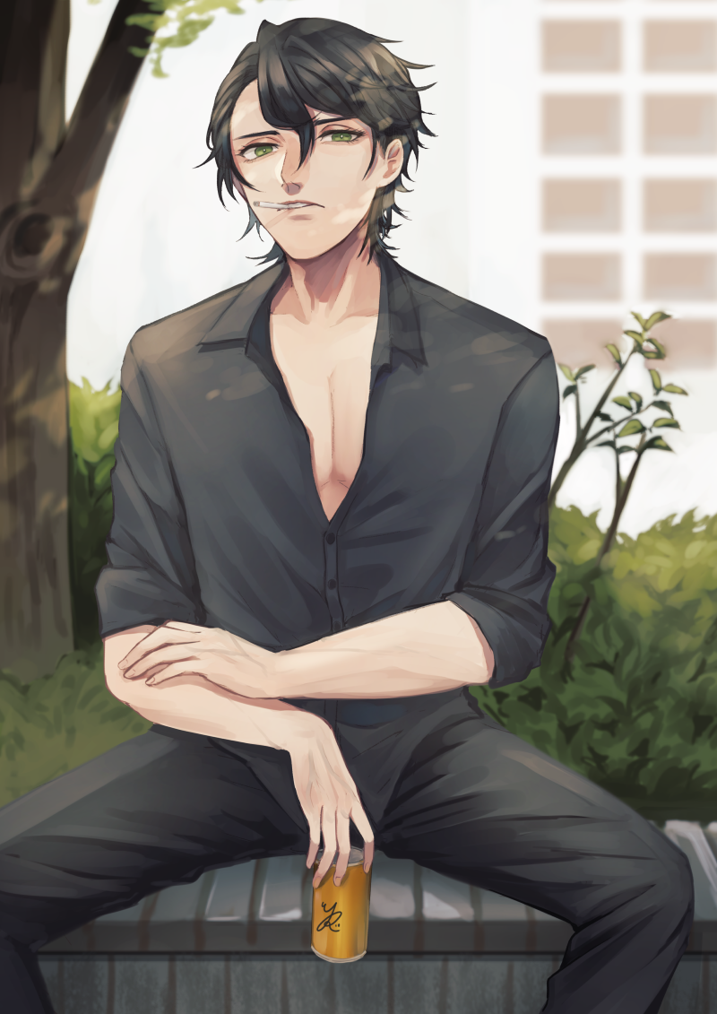 1boy bangs between_legs black_hair black_pants black_shirt can cigarette dappled_sunlight day dress_shirt expressionless green_eyes hair_between_eyes hand_between_legs holding holding_can looking_at_viewer male_focus mouth_hold open_clothes open_shirt original outdoors pants parted_lips partially_unbuttoned pectorals rinkuruto shade shirt short_hair sitting sleeves_folded_up smoking solo spread_legs sunlight taut_clothes taut_pants tree