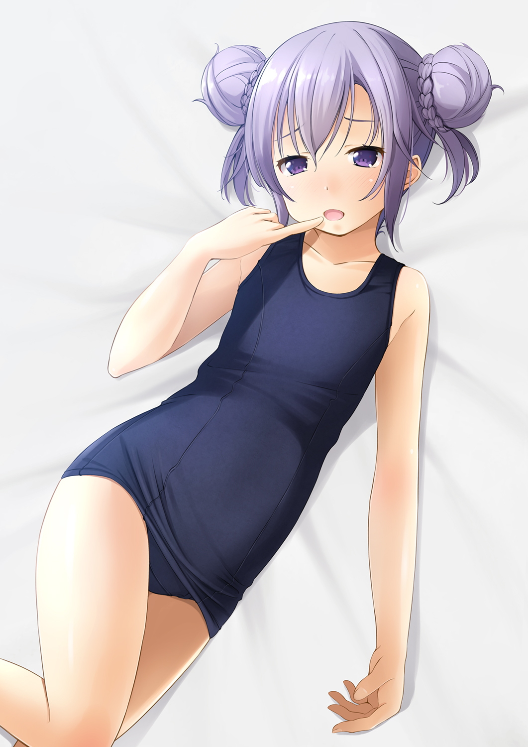 1girl bed_sheet blue_swimsuit collarbone commentary_request cowboy_shot double_bun finger_to_mouth flat_chest highres looking_at_viewer lying old_school_swimsuit open_mouth original pinky_out purple_hair school_swimsuit shibacha short_hair solo swimsuit violet_eyes