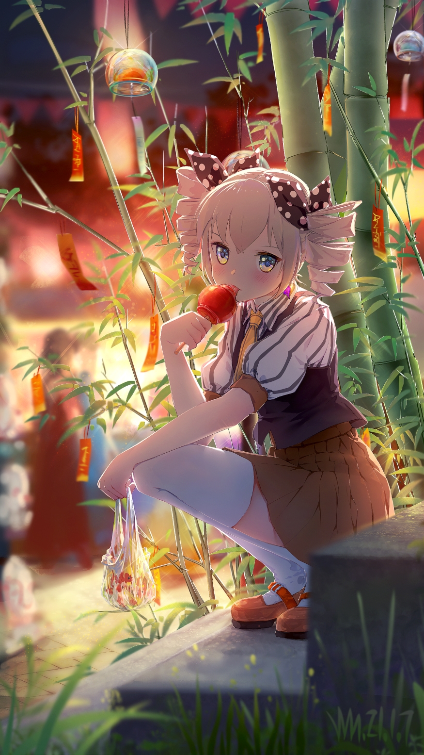 1girl bag bamboo bangs blurry blurry_background blurry_foreground bronya_zaychik bronya_zaychik_(wolf's_dawn) candy_apple drill_hair earrings fish food goldfish grass grey_eyes grey_hair hair_between_eyes hair_ribbon highres holding holding_food holding_weapon honkai_(series) honkai_impact_3rd jewelry licking looking_at_viewer necktie plastic_bag red_footwear ribbon shoes short_sleeves squatting thigh-highs tongue tongue_out twin_drills weapon wh_(user_zrmr8753) white_legwear wind_chime yellow_neckwear