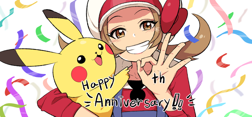 0_0box 1girl anniversary blue_overalls blush bow brown_eyes brown_hair cabbie_hat gen_1_pokemon hat looking_at_viewer lyra_(pokemon) ok_sign pikachu pokemon pokemon_(creature) pokemon_(game) pokemon_hgss red_bow red_shirt shirt smile teeth twintails white_headwear