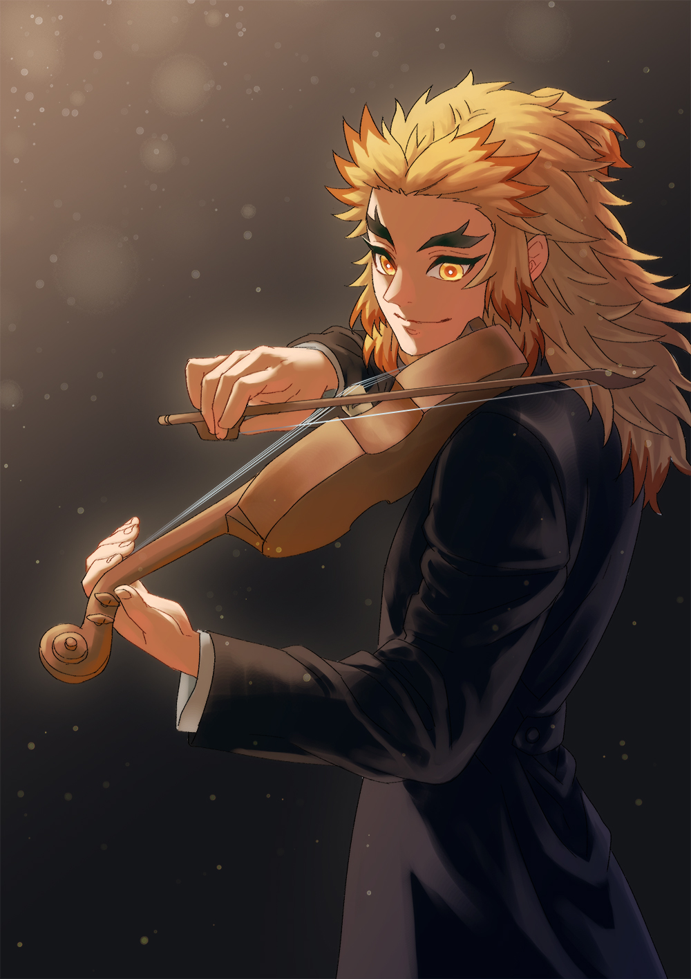 1boy black_background black_coat blonde_hair closed_mouth coat from_side highres holding holding_instrument instrument kimetsu_no_yaiba long_sleeves multicolored_hair music orange_hair playing_instrument remsor076 rengoku_kyoujurou smile solo two-tone_hair violin yellow_eyes