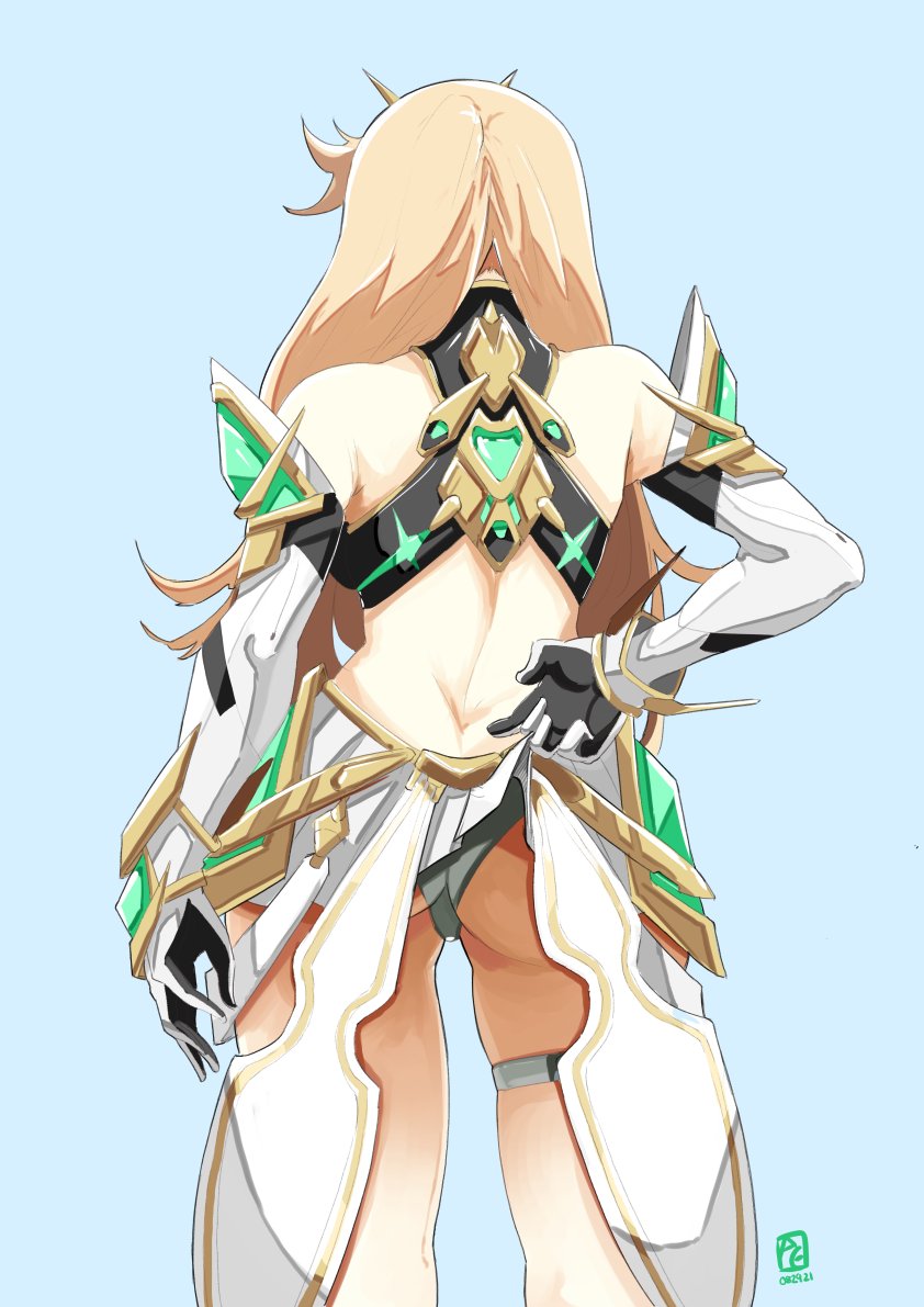 1girl ass automatic_giraffe back_cutout blonde_hair butt_crack clothes_lift clothing_cutout detached_sleeves from_behind gloves long_hair miniskirt mythra_(xenoblade) panties pleated_skirt skirt skirt_lift solo standing thigh_gap thigh_strap tiara underwear xenoblade_chronicles_(series) xenoblade_chronicles_2