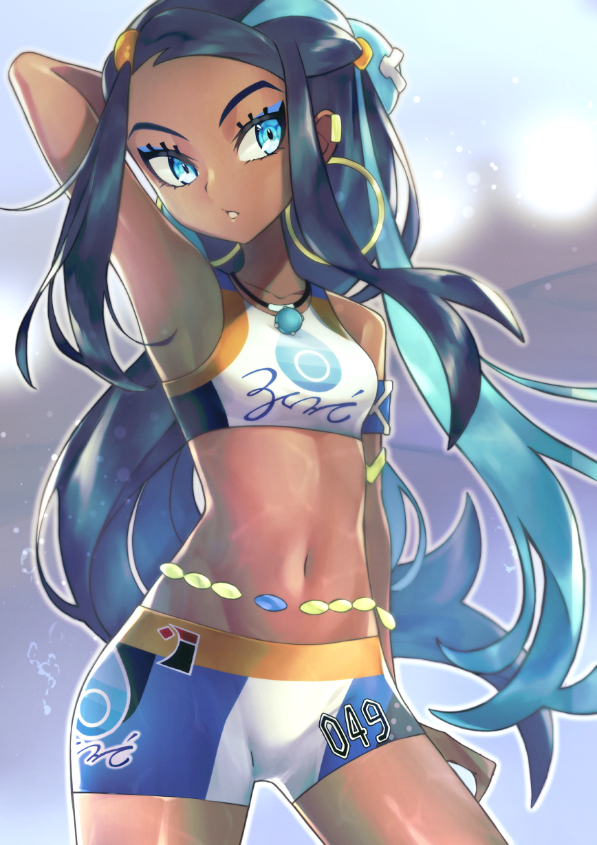 1girl arm_behind_head armlet belly_chain bike_shorts black_hair blue_eyes blue_eyeshadow blue_hair breasts commentary_request cowboy_shot crop_top dark-skinned_female dark_skin ear_clip earrings eyeshadow hair_bun highres hoop_earrings jewelry long_hair makeup multicolored_hair navel necklace nessa_(pokemon) outline parted_lips pokemon pokemon_(game) pokemon_swsh rindoriko shiny shiny_skin solo two-tone_hair