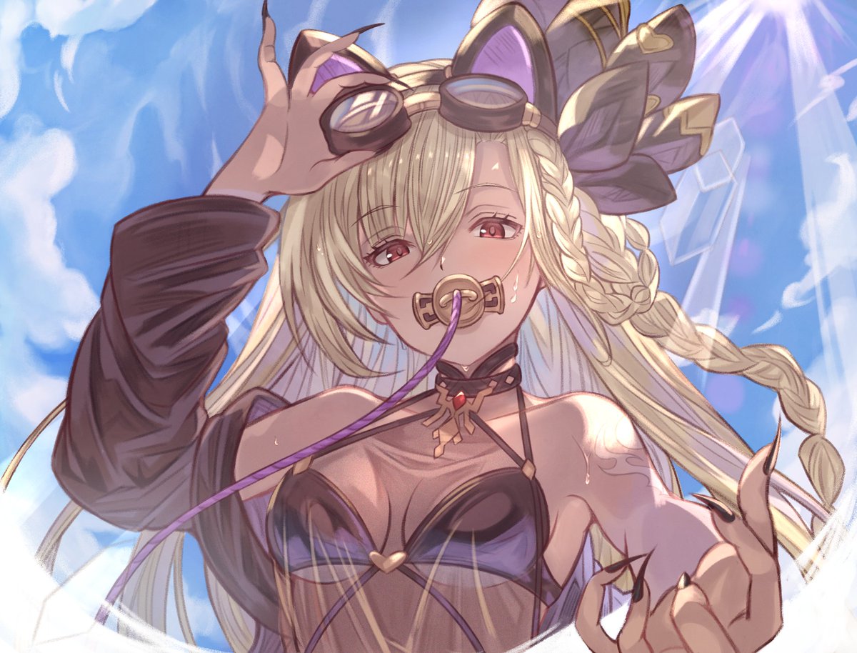 1girl animal_ears arutoria_(187497382) bangs bikini black_swimsuit blonde_hair breasts cat_ears dark-skinned_female dark_skin eyebrows_visible_through_hair goggles goggles_on_head granblue_fantasy hair_ornament helel_ben_shalem long_hair looking_at_viewer medium_breasts pacifier red_eyes see-through solo swimsuit swimsuit_under_clothes upper_body very_long_hair wet