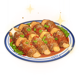 artist_request commentary english_commentary food food_focus genshin_impact lowres meat mushroom no_humans official_art plate sparkle spring_onion still_life third-party_source transparent_background