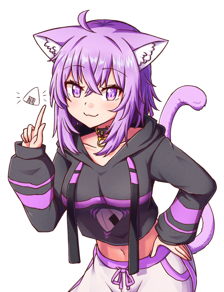 1girl :3 ahoge animal_ear_fluff animal_ears bangs belt_collar black_hoodie blush cat_ears cat_tail closed_mouth collar cowboy_shot crossed_bangs food hair_between_eyes hand_on_hip hololive hood hood_down hoodie long_sleeves looking_at_viewer medium_hair midriff navel nekomata_okayu onigiri purple_hair shirt simple_background smile solo star_(symbol) star_in_eye symbol_in_eye tail tail_raised violet_eyes white_background white_shirt wool_(miwol)