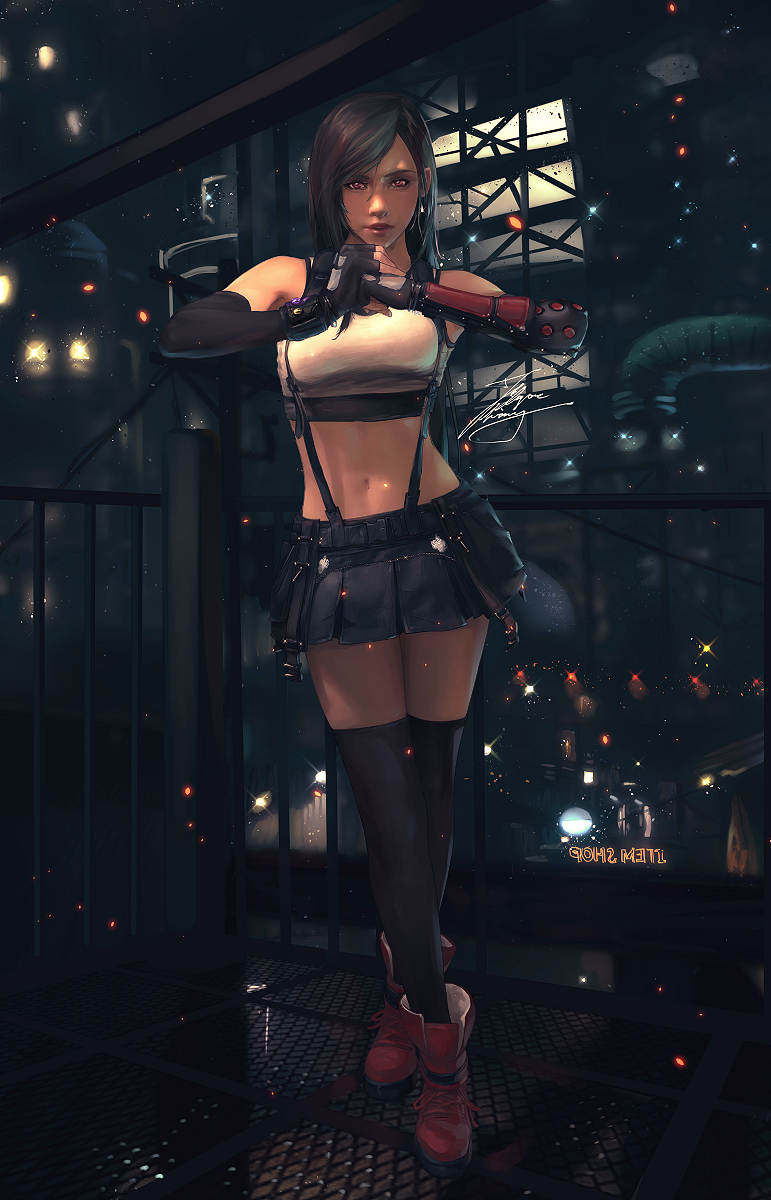 1girl bangs black_gloves black_legwear black_skirt black_sports_bra boots breasts clenched_hand crop_top cross-laced_footwear earrings elbow_pads facing_viewer fadingz final_fantasy final_fantasy_vii final_fantasy_vii_remake fingerless_gloves fist_in_hand full_body gloves highres jewelry long_hair looking_at_viewer medium_breasts midriff mixed-language_commentary navel parted_lips pipe railing red_eyes red_footwear red_lips signature skirt solo sports_bra suspender_skirt suspenders swept_bangs tank_top thigh-highs tifa_lockhart white_tank_top zettai_ryouiki