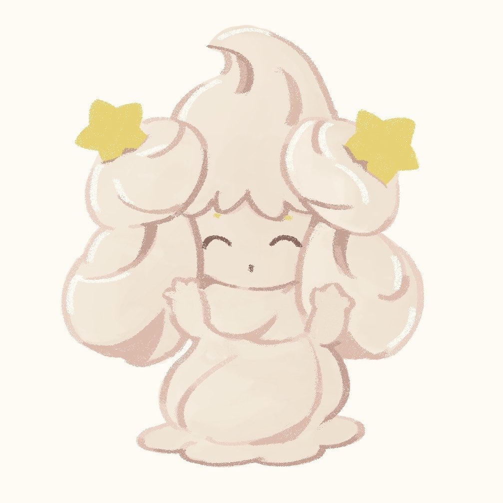alcremie alcremie_(star_sweet) arms_up closed_eyes closed_mouth commentary_request full_body gen_8_pokemon no_humans pokemon pokemon_(creature) simple_background solo standing uninori white_background
