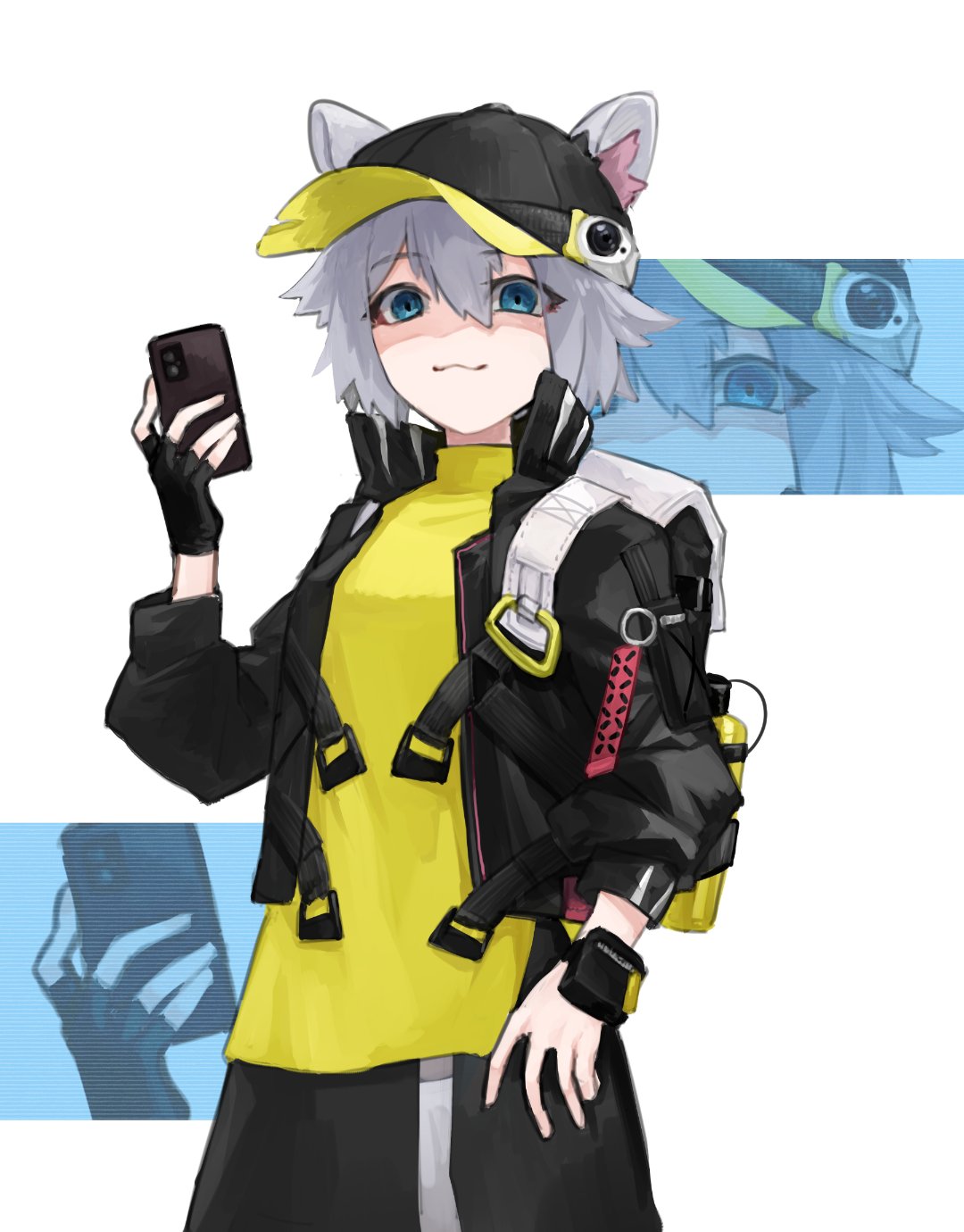 1girl animal_ears arknights backpack bag baseball_cap black_gloves black_headwear black_jacket black_skirt cellphone click_(arknights) commentary cowboy_shot ears_through_headwear fingerless_gloves gloves grey_hair hair_between_eyes hat highres holding holding_phone jacket looking_at_viewer mouse_ears open_clothes open_jacket phone shaded_face shirt short_hair simple_background skirt smartphone solo white_background white_bag wristband yellow_shirt zrz_zzz