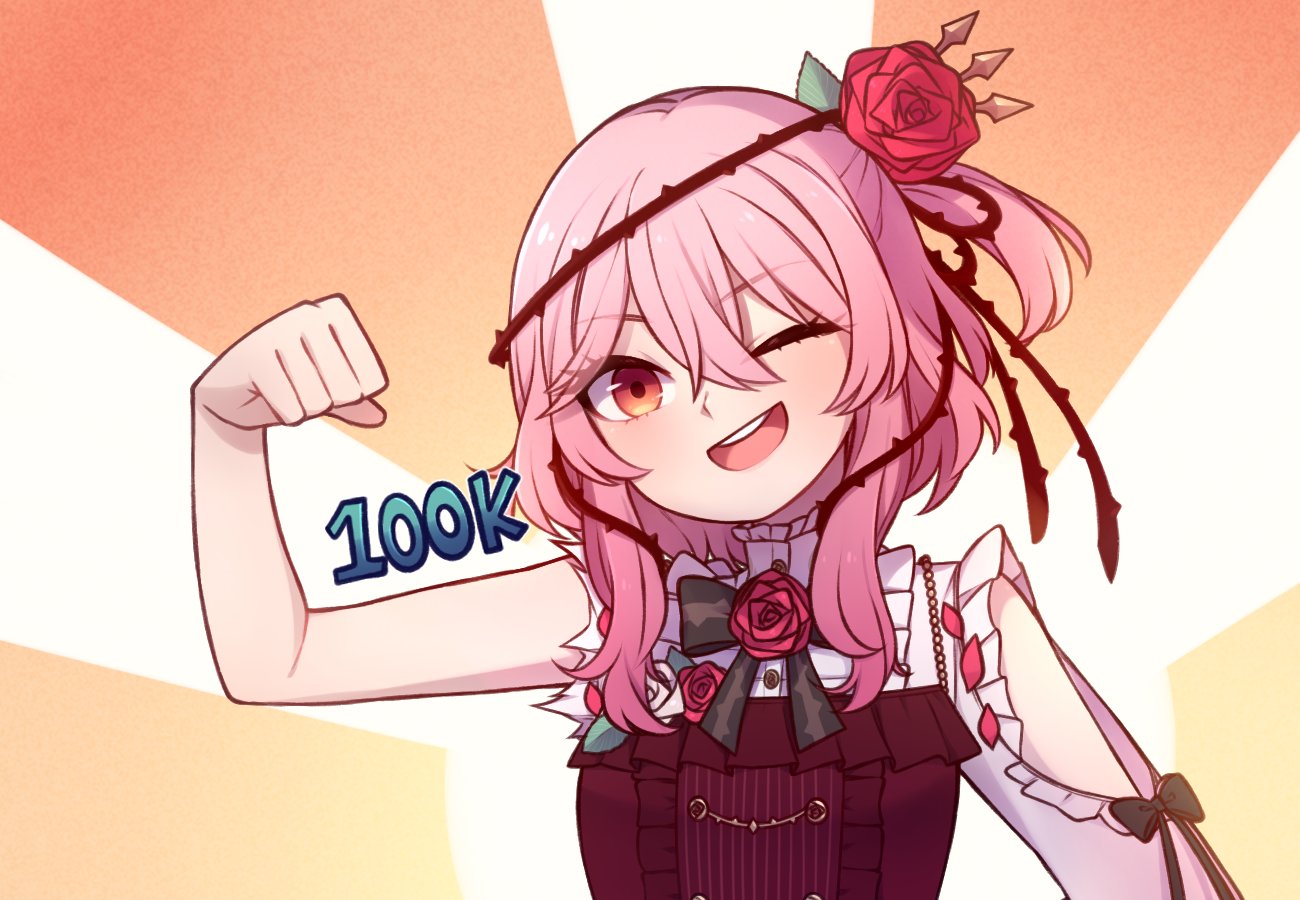 1girl bangs black_bow bow brown_eyes clenched_hand clothing_cutout english_commentary flat_chest flexing flower hair_flower hair_ornament looking_at_viewer medium_hair milestone_celebration nijisanji nijisanji_en one_eye_closed open_mouth pink_hair plant pose red_flower red_rose rose rosemi_lovelock short_sidetail shoulder_cutout single_sleeve smile solo speckticuls thorns vines virtual_youtuber