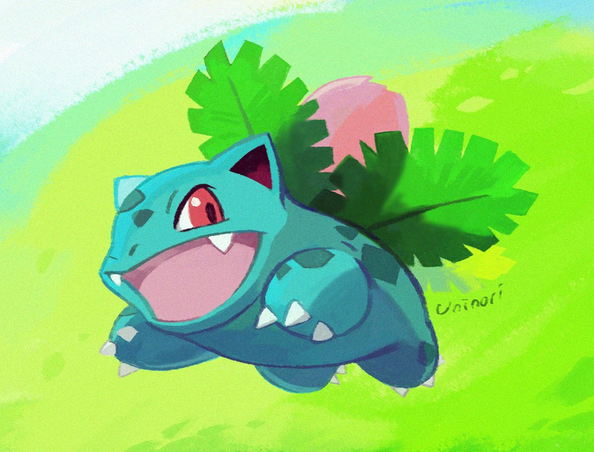 claws commentary_request fangs full_body gen_1_pokemon ivysaur leaf looking_at_viewer open_mouth pokemon pokemon_(creature) red_eyes signature solo tongue uninori