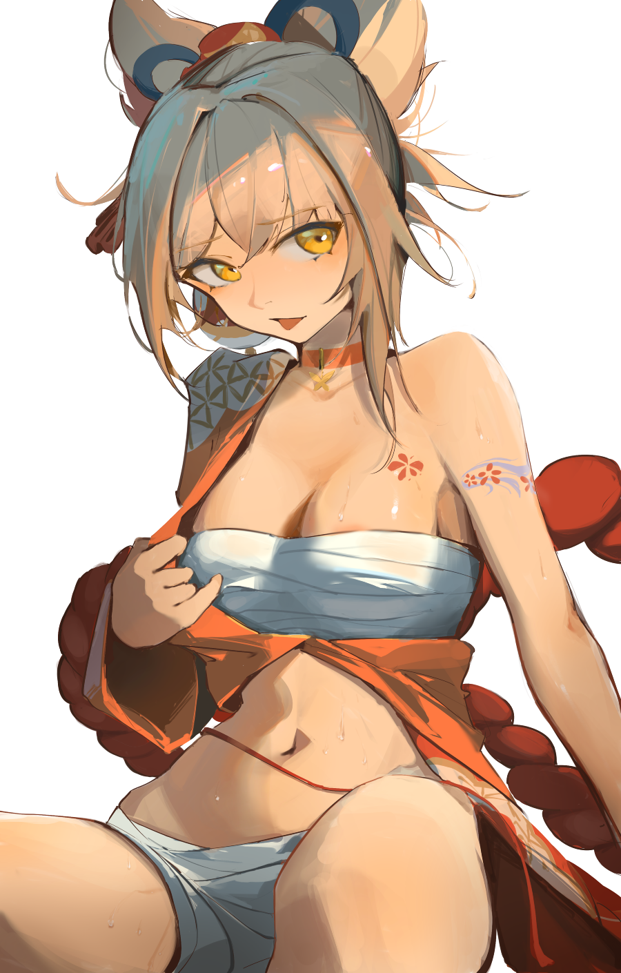 1girl arm_tattoo bandages bare_shoulders blonde_hair breast_tattoo breasts choker eyebrows_visible_through_hair eyyy genshin_impact hair_between_eyes hair_ornament highres japanese_clothes kimono looking_at_viewer medium_hair navel open_mouth orange_kimono shorts sidelocks simple_background sitting solo sweat tattoo undressing white_background yellow_eyes yoimiya_(genshin_impact)