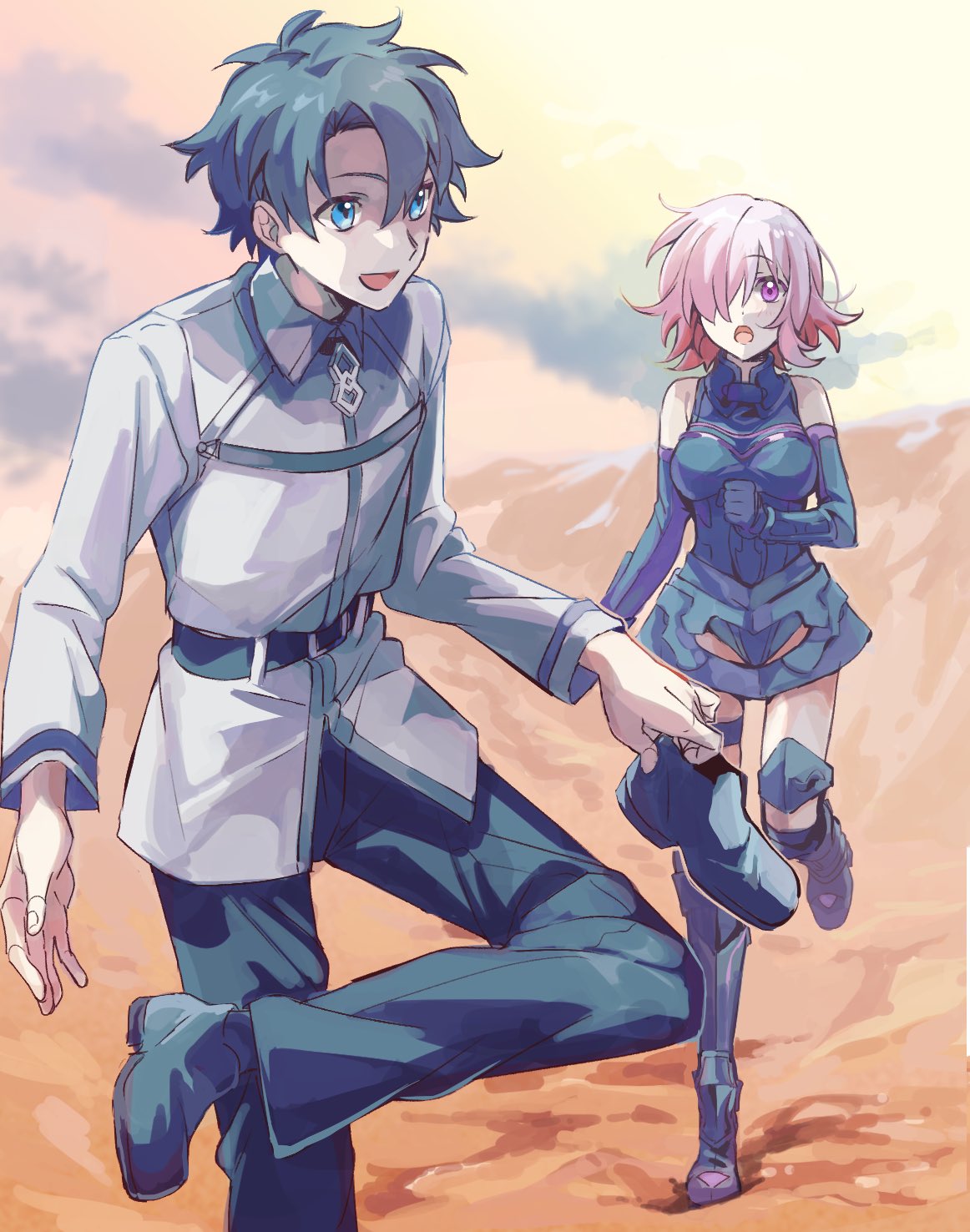 1boy 1girl armor armored_boots artist_request bare_shoulders belt belt_buckle black_armor black_belt black_gloves black_hair blue_eyes boobplate boots buckle chaldea_logo chaldea_uniform clouds commentary_request desert detached_sleeves eyebrows_visible_through_hair fate/grand_order fate_(series) fujimaru_ritsuka_(male) gauntlets gloves hair_between_eyes hair_over_one_eye highres holding holding_shoes jacket light_purple_hair long_sleeves looking_at_viewer mash_kyrielight open_mouth outdoors pants removing_shoes sand shoes short_hair sky smile uniform violet_eyes white_jacket