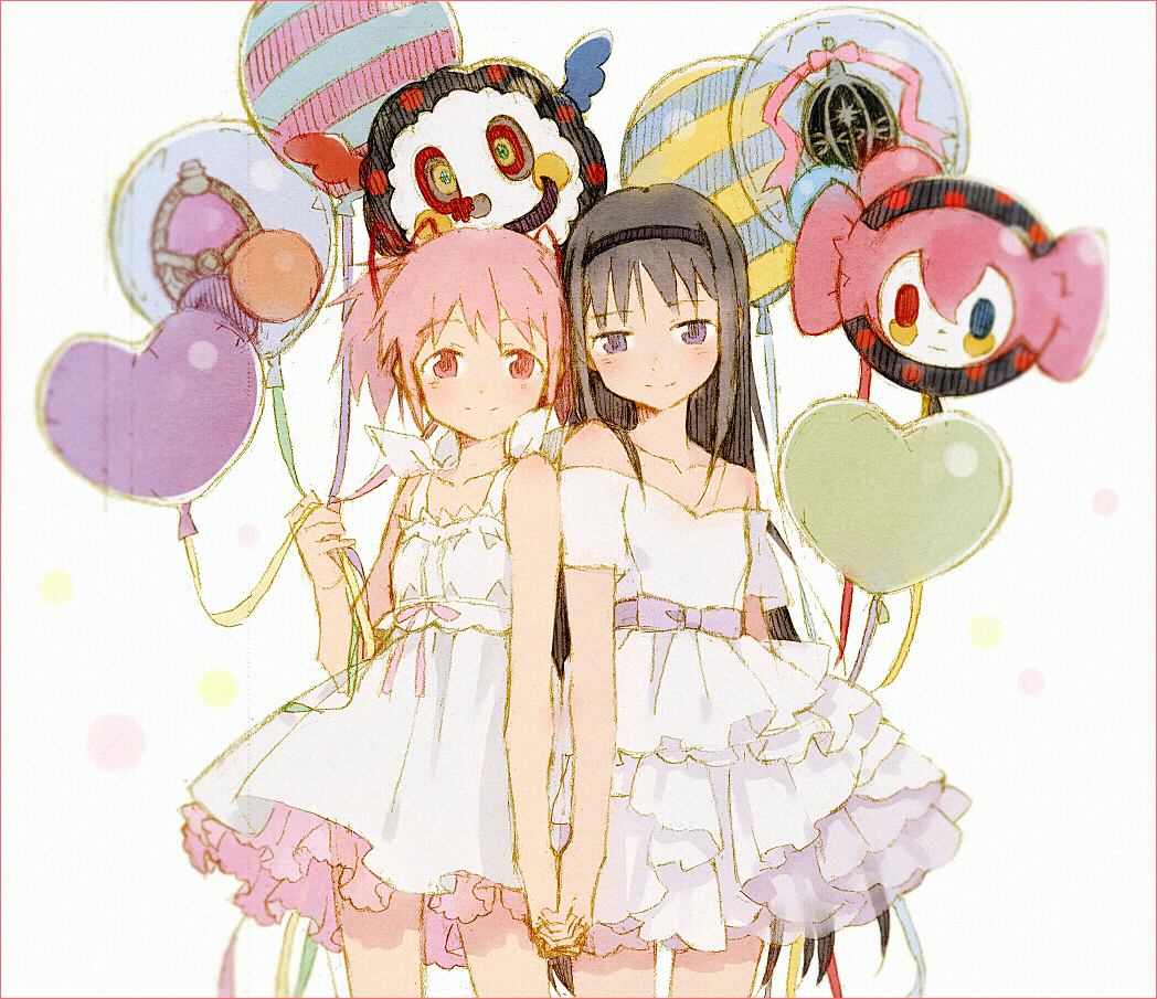 2girls akemi_homura balloon black_hair character_balloon charlotte_(madoka_magica) dress grief_seed hairband hakusai_(tiahszld) heart_balloon kaname_madoka long_hair mahou_shoujo_madoka_magica multiple_girls pink_eyes pink_hair short_hair short_twintails smile soul_gem sundress twintails violet_eyes witch_(madoka_magica)