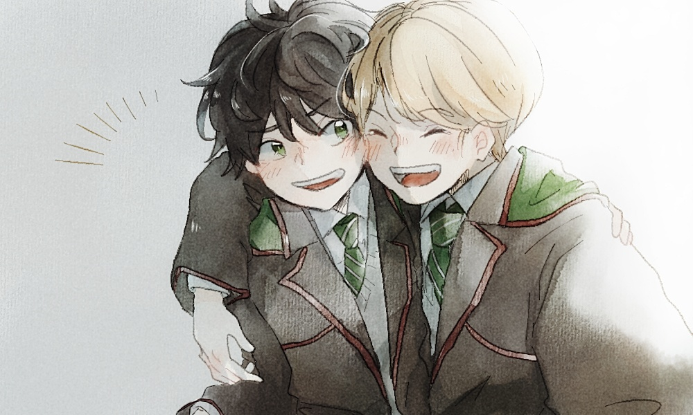 2boys albus_severus_potter black_hair black_robe blonde_hair blush closed_eyes green_eyes harry_potter harry_potter:_the_cursed_child hogwarts_school_uniform hug multiple_boys necktie robe school_uniform scorpius_malfoy slytherin smile striped striped_neckwear