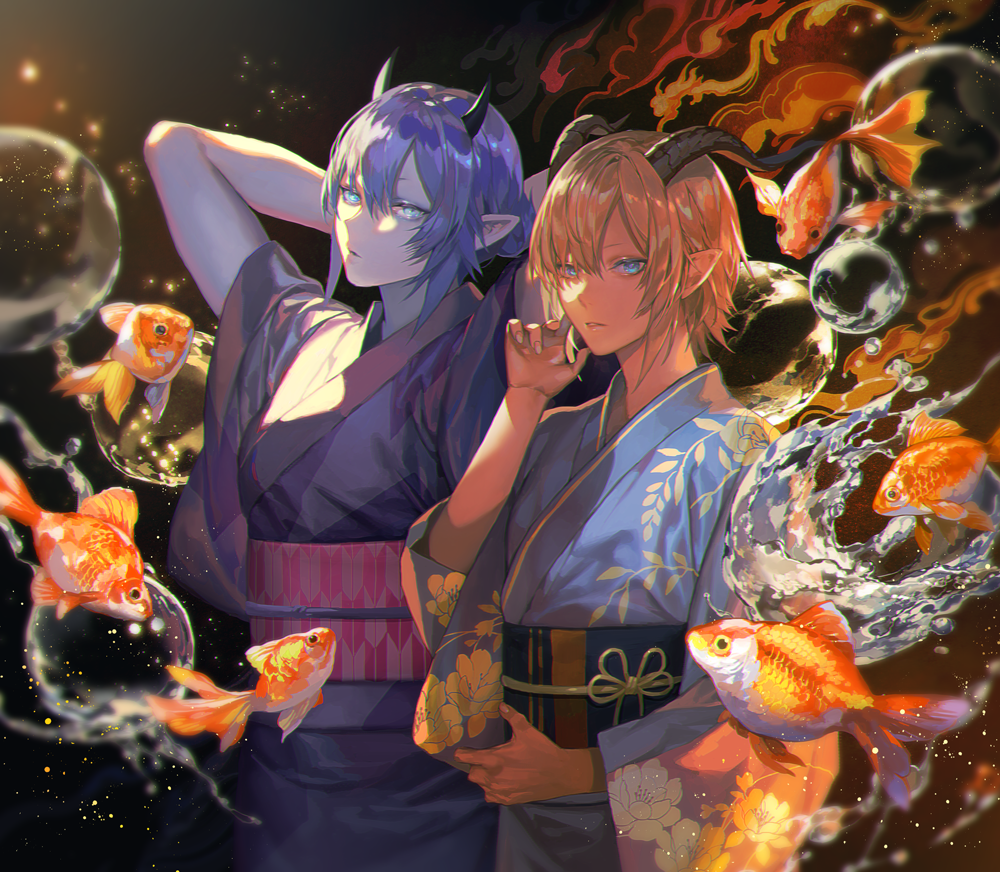 2girls arm_up black_background black_horns black_kimono blue_eyes brown_hair bubble fish goldfish grey_eyes hand_up horns japanese_clothes kimono multiple_girls ohayosayonara original pale_skin pointy_ears short_hair standing wide_sleeves