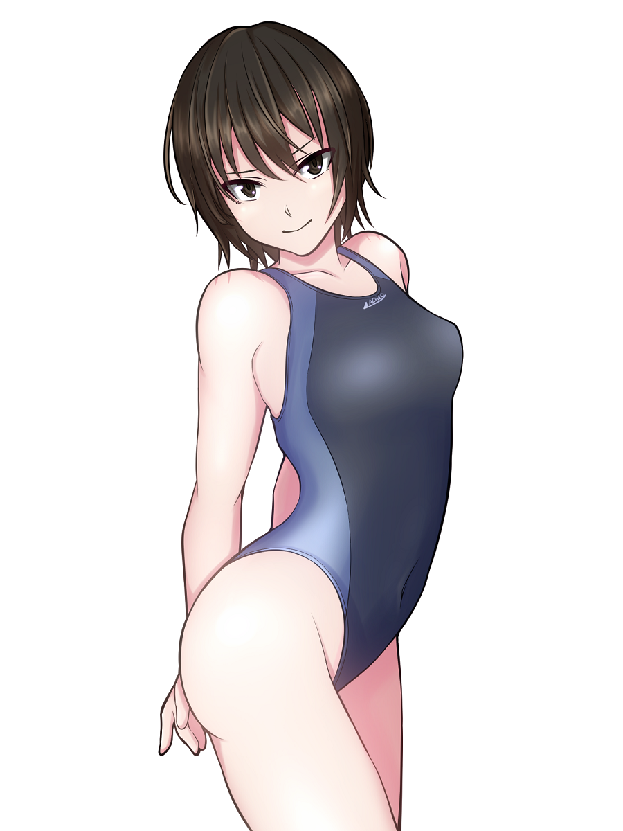 1girl amagami arms_behind_back black_eyes black_hair breasts collarbone commentary_request competition_swimsuit covered_navel cowboy_shot highres looking_at_viewer nanasaki_ai one-piece_swimsuit short_hair simple_background small_breasts solo standing swimsuit vprepper white_background