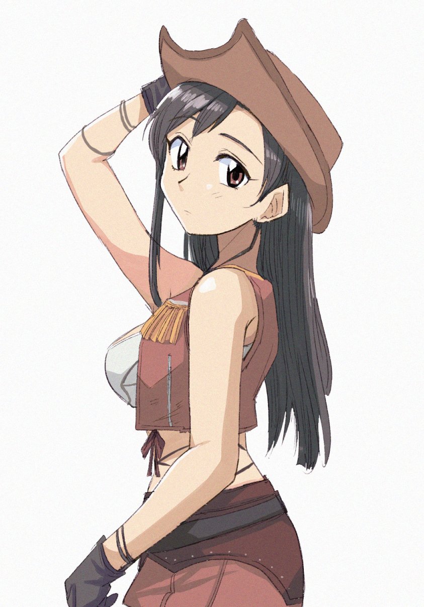 1girl arm_up bad_id bad_twitter_id bangs belt black_belt black_gloves black_hair bracelet brown_eyes brown_headwear brown_skirt brown_vest closed_eyes cowboy_hat crop_top final_fantasy final_fantasy_vii fringe_trim from_side gloves hand_on_headphones hat highres jewelry light_frown looking_at_viewer shirt simple_background skirt solo standing straight_hair tifa_lockhart tsubobot vest white_background white_shirt