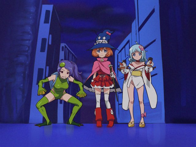 3girls blue_eyes blue_hair breasts brown_hair cape closed_mouth dororon_enma-kun enma-kun hair_ornament haruyama_kazunori hat japanese_clothes kimono long_hair looking_at_viewer multiple_girls parody robot_girls_z short_hair short_kimono smile witch_hat yukiko_hime