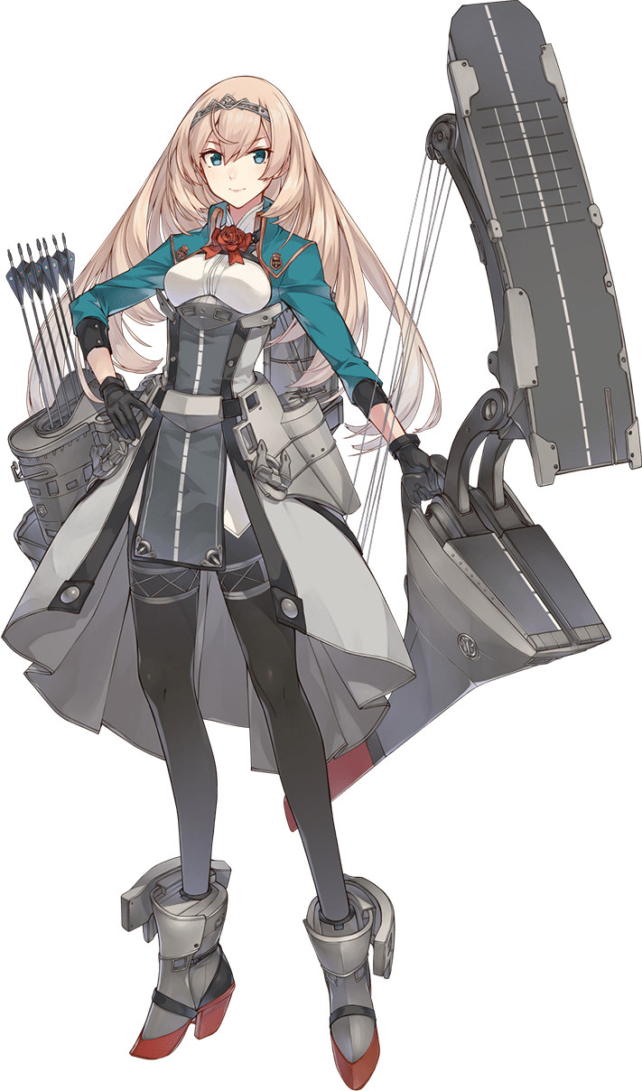 1girl black_gloves black_legwear blonde_hair bow bow_(weapon) breasts compound_bow corset flight_deck flower full_body gloves green_eyes green_jacket hand_on_hip highres jacket kantai_collection konishi_(koconatu) long_hair long_sleeves machinery medium_breasts multicolored multicolored_clothes official_art overskirt pantyhose quiver red_bow red_flower solo turret victorious_(kancolle) weapon