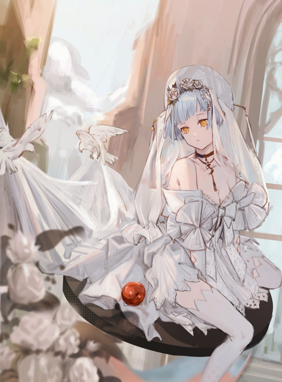 1girl apple bare_shoulders bird black_choker blue_hair breasts bridal_veil choker closed_mouth collarbone dress eyebrows_visible_through_hair flower food fruit girls_frontline hair_flower hair_ornament highres jewelry looking_down necklace pigeon qiujiao ring short_hair simple_background sitting small_breasts solo thigh-highs veil wedding_band wedding_dress white_legwear yellow_eyes zas_m21_(girls_frontline)
