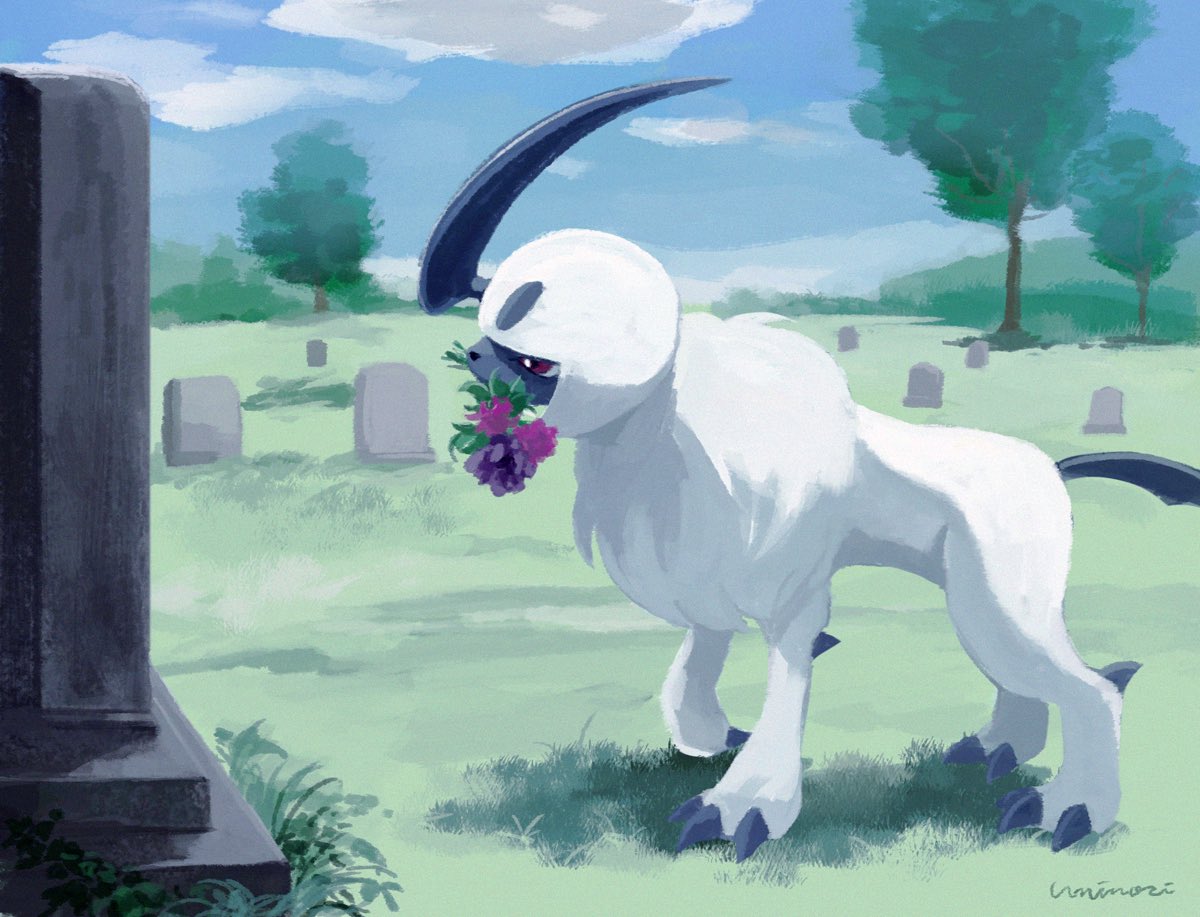 absol claws clouds commentary_request day flower gen_3_pokemon grass graveyard mouth_hold outdoors pokemon pokemon_(creature) purple_flower red_eyes sky tombstone tree uninori white_fur