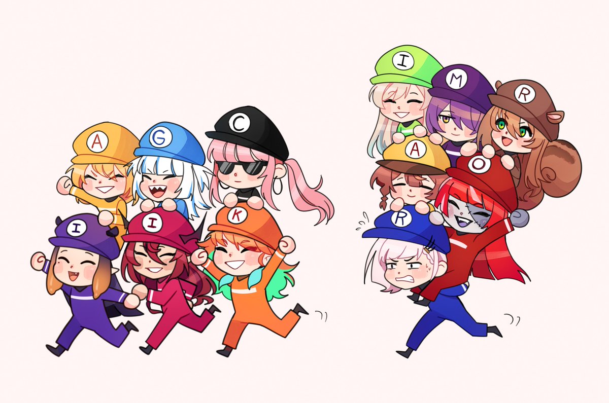 airani_iofifteen animal_ears anya_melfissa ayunda_risu blue_eyes brown_hair carrying cosplay gawr_gura gloves green_eyes hat hololive hololive_english hololive_indonesia irys_(hololive) kureiji_ollie long_hair luigi luigi_(cosplay) mario mario_(cosplay) super_mario_bros. moona_hoshinova mori_calliope multicolored_hair multiple_girls ninomae_ina'nis open_mouth overalls pavolia_reine poluslus short_hair silver_hair sleeping squirrel_ears squirrel_girl squirrel_tail sunglasses tail takanashi_kiara virtual_youtuber watson_amelia