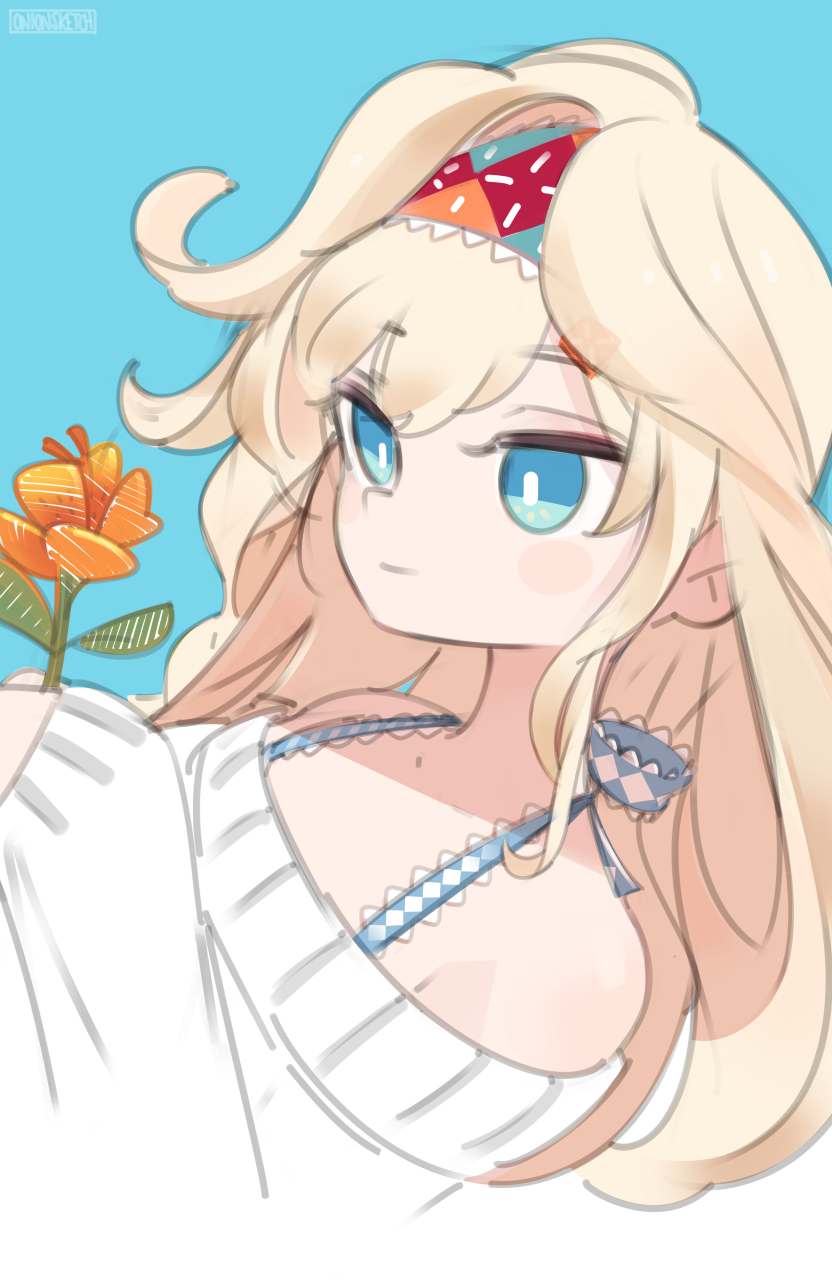 1girl artist_name bangs blood blue_background blue_eyes bra_strap eyebrows_visible_through_hair flower from_side hairband highres holding holding_flower layla_alstroemeria long_hair nijisanji nijisanji_id off-shoulder_sweater off_shoulder onionsketch portrait smile solo sweater virtual_youtuber white_sweater