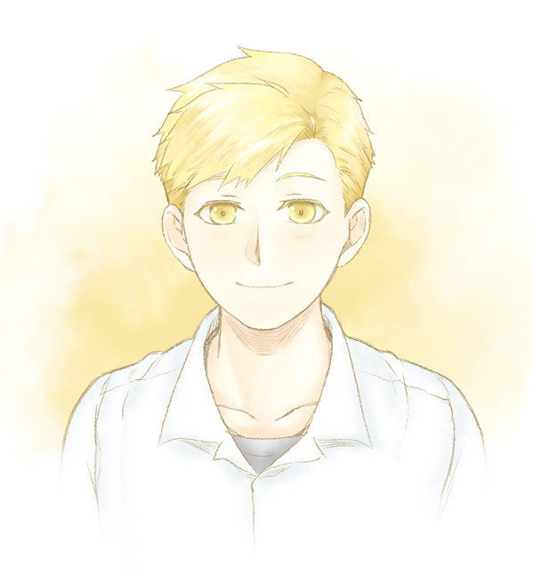 1boy alphonse_elric arms_at_sides bangs black_shirt blonde_eyelashes blonde_hair closed_mouth collarbone collared_shirt colored_eyelashes cropped_shoulders dress_shirt facing_viewer fullmetal_alchemist gradient gradient_background half-closed_eyes happy light_blush light_smile limited_palette looking_afar male_focus pai_(1111) pale_color shirt simple_background swept_bangs tareme undershirt upper_body white_background white_shirt yellow_background yellow_eyes yellow_theme