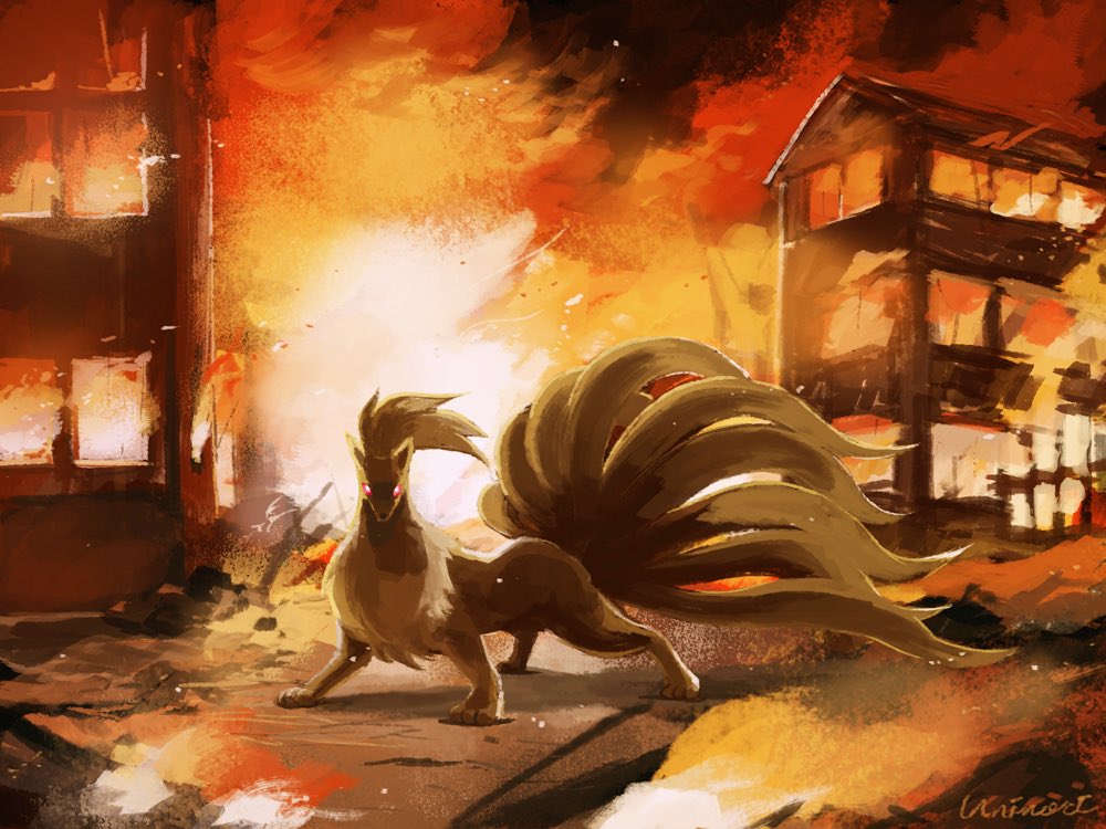 building commentary fire gen_1_pokemon glowing glowing_eyes legs_apart looking_at_viewer ninetales outdoors pokemon pokemon_(creature) red_eyes signature standing uninori yellow_fur