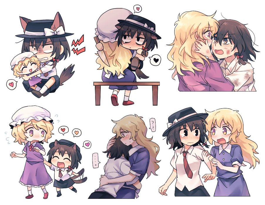 ... 2girls :d ? animal_ears arm_grab bangs black_footwear black_headwear black_skirt blonde_hair blush bow brown_footwear brown_hair brown_neckwear chibi closed_eyes closed_mouth collared_dress collared_shirt commentary cuts dirty dirty_clothes doll dress dress_shirt eyebrows_visible_through_hair fedora frilled_dress frills frown hair_bow hand_on_another's_head hand_on_another's_waist hands_on_another's_face hat hat_bow heart holding holding_another holding_knife injury knife long_hair looking_at_another looking_to_the_side maribel_hearn medium_hair messy_hair mob_cap multiple_girls necktie on_floor open_mouth purple_dress re_ghotion red_bow red_neckwear scratches shirt short_sleeves sitting sitting_on_bench skirt smile spoken_ellipsis spoken_heart spoken_question_mark spoken_sweatdrop striped striped_neckwear sweatdrop tail tail_wagging tears teeth touhou usami_renko white_bow white_shirt wolf_ears wolf_tail yuri