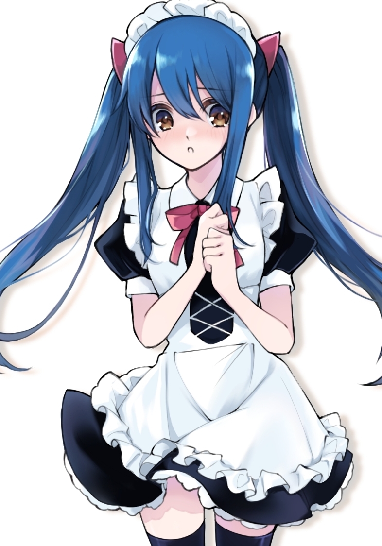 1girl :o apron black_legwear blue_hair blush brown_eyes clenched_hands cowboy_shot dress fairy_tail frilled_dress frills hair_ribbon long_hair looking_at_viewer maid maid_apron maid_headdress maru_(pixiv51714255) neck_ribbon open_mouth own_hands_together ribbon short_dress short_sleeves sidelocks simple_background solo standing thigh-highs twintails very_long_hair wendy_marvell white_background zettai_ryouiki