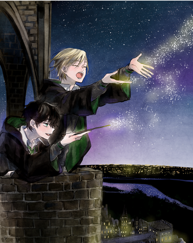 2boys albus_severus_potter black_hair black_robe blonde_hair childlock closed_eyes green_eyes harry_potter harry_potter:_the_cursed_child hogwarts_school_uniform holding holding_wand multiple_boys necktie night night_sky robe school_uniform scorpius_malfoy sky slytherin smile striped striped_neckwear wand