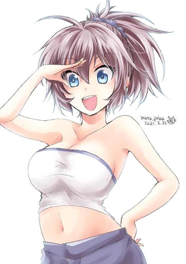 1girl aoba_(kancolle) blue_eyes blue_scrunchie breasts hair_ornament hair_scrunchie kantai_collection matsuura@parao medium_breasts messy_hair navel pink_hair ponytail scrunchie solo upper_body white_bandeau