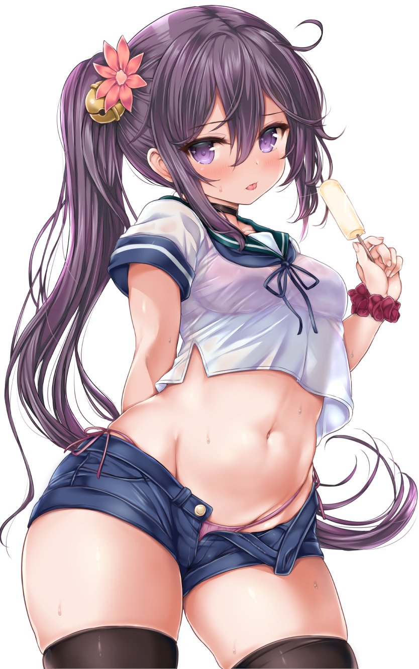 1girl akebono_(kancolle) alternate_costume bell bikini bikini_bottom black_legwear blue_shorts blush breasts commentary_request cowboy_shot crop_top denim denim_shorts eyebrows_visible_through_hair flower food green_sailor_collar groin hair_bell hair_between_eyes hair_flower hair_ornament highleg highres holding holding_food jingle_bell kantai_collection long_hair looking_at_viewer midriff navel nijimoto_hirok open_fly pink_bikini pink_flower popsicle purple_hair red_scrunchie sailor_collar school_uniform scrunchie see-through serafuku short_shorts short_sleeves shorts side_ponytail simple_background skindentation solo sweat swimsuit thigh-highs thighs tongue tongue_out very_long_hair violet_eyes white_background wrist_scrunchie