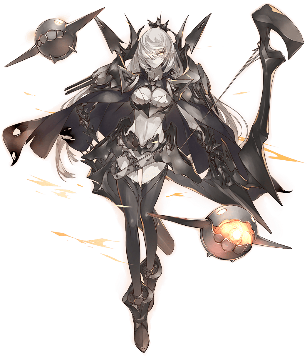 1girl abyssal_ship armor bow_(weapon) breasts cape enemy_aircraft_(kancolle) full_body glowing glowing_eye highres holding holding_bow_(weapon) holding_weapon kantai_collection konishi_(koconatu) large_breasts long_hair official_art pale_skin solo transparent_background weapon white_hair yellow_eyes