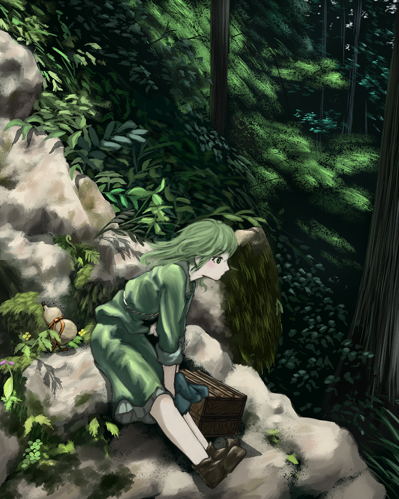 1girl bangs box brown_footwear closed_mouth commentary_request forest full_body gourd green_eyes green_hair green_shirt green_skirt kajatony looking_afar medium_hair moss nature plant rock shirt shoes skirt sleeves_rolled_up solo touhou tree yamashiro_takane