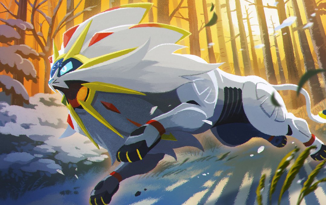 bare_tree blue_eyes blurry commentary_request gen_7_pokemon leaves_in_wind legendary_pokemon no_humans open_mouth outdoors pokemon pokemon_(creature) running snow solgaleo solo toes tongue tree uninori