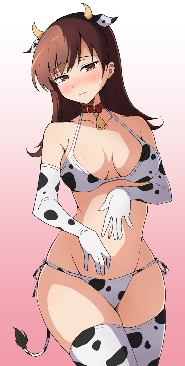 1girl alternate_costume animal_ears animal_print bell bikini breasts brown_eyes brown_hair cow_ears cow_horns cow_print cowbell cowboy_shot elbow_gloves fake_horns fake_tail gloves highres horns kantai_collection long_hair medium_breasts navel neck_bell nel-c ooi_(kancolle) print_bikini print_gloves print_legwear side-tie_bikini solo standing swimsuit tail thigh-highs white_bikini white_gloves white_legwear