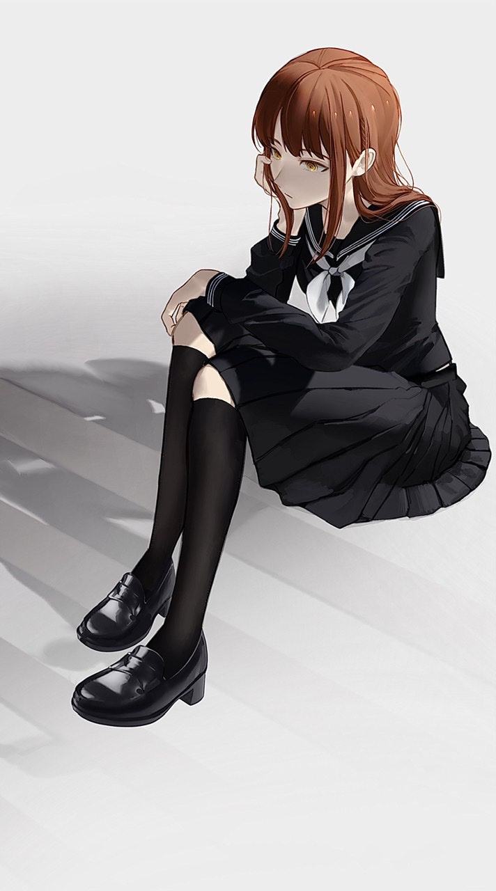 1girl 2_blankk bangs black_blouse black_footwear black_kneehighs black_legwear black_serafuku black_skirt blouse breasts chainsaw_man commentary_request female full_body hand_on_own_cheek hand_on_own_face highres kneehighs loafers long_hair long_sleeves looking_away makima_(chainsaw_man) neckerchief pleated_skirt redhead ringed_eyes sailor_collar sailor_shirt school_uniform serafuku shoes simple_background sitting skirt solo yellow_eyes