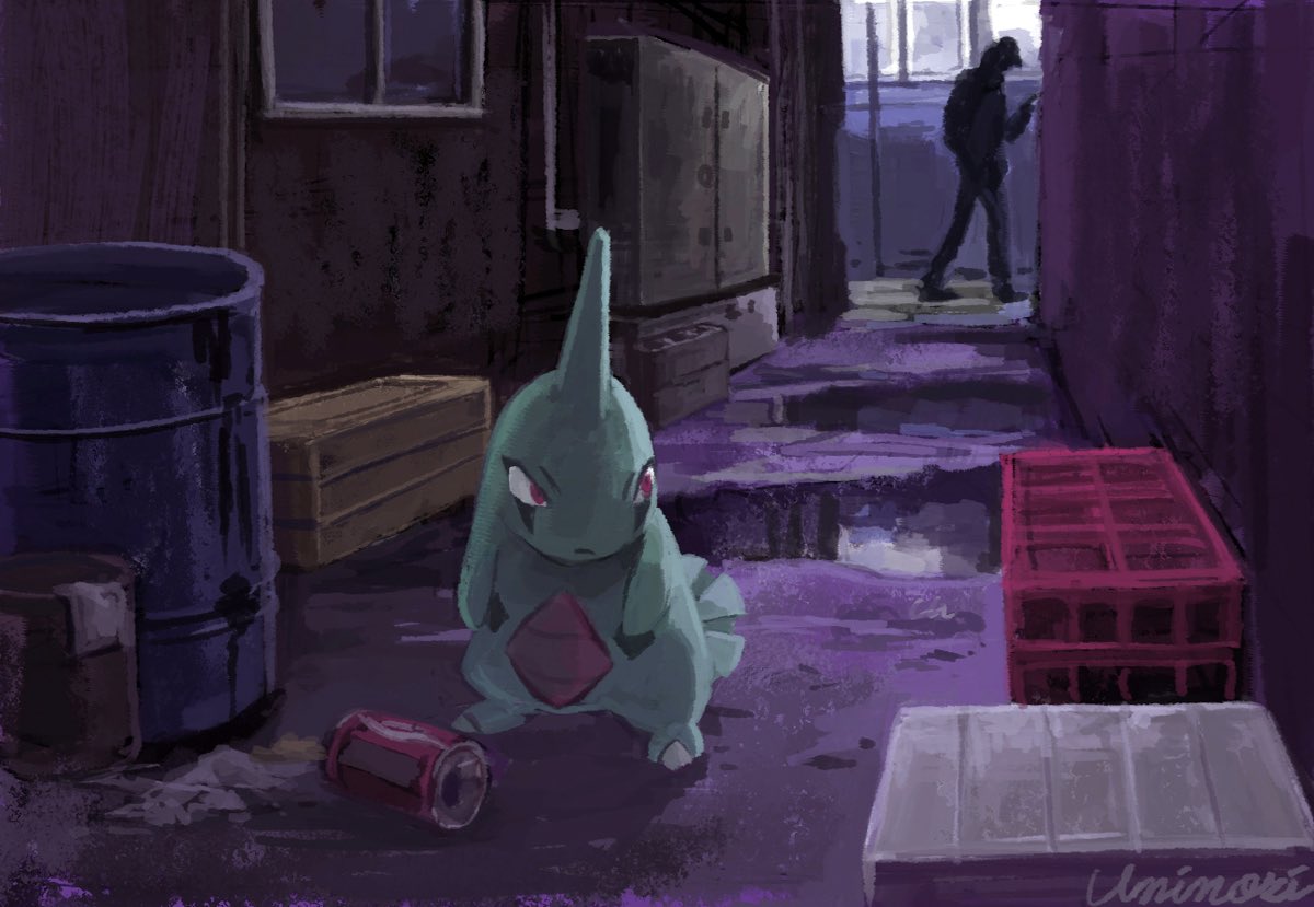 1boy alley barrel closed_mouth commentary_request gen_2_pokemon hand_up hood hood_up larvitar pokemon pokemon_(creature) red_eyes signature standing tin_can uninori window wooden_box