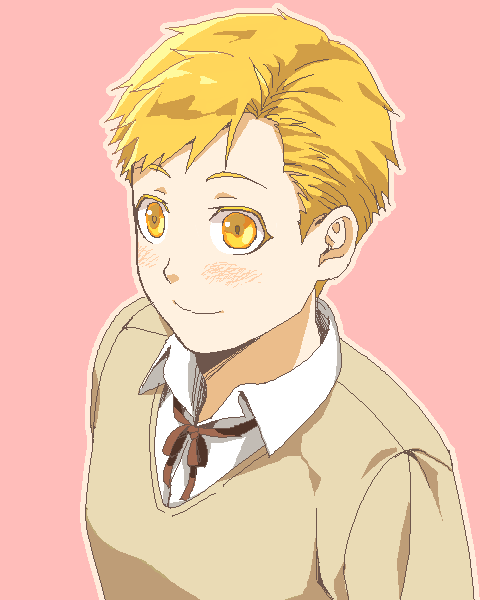 1boy alphonse_elric arms_at_sides bangs beige_cardigan beige_outline blonde_eyelashes blonde_hair brown_ribbon cardigan close-up closed_mouth collared_shirt colored_eyelashes dress_shirt eyelashes from_above fullmetal_alchemist happy light_blush looking_afar male_focus neck_ribbon outline pai_(1111) pastel_colors pink_background ribbon school_uniform shirt simple_background smile swept_bangs tareme upper_body white_shirt