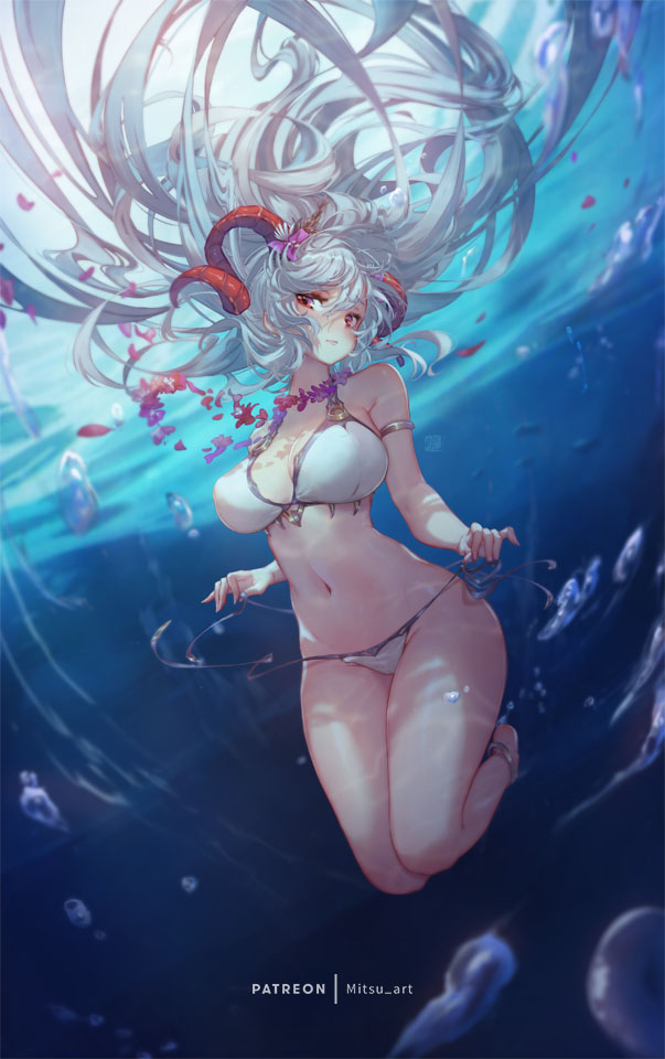 1girl alternate_costume bare_legs bikini breasts fire_emblem fire_emblem_heroes flower flower_necklace freyja_(fire_emblem) frown grey_hair hair_flower hair_ornament horns jewelry large_breasts long_hair mitsu_(mitsu_art) necklace red_eyes red_horns solo swimsuit underwater undressing untying very_long_hair white_bikini white_swimsuit